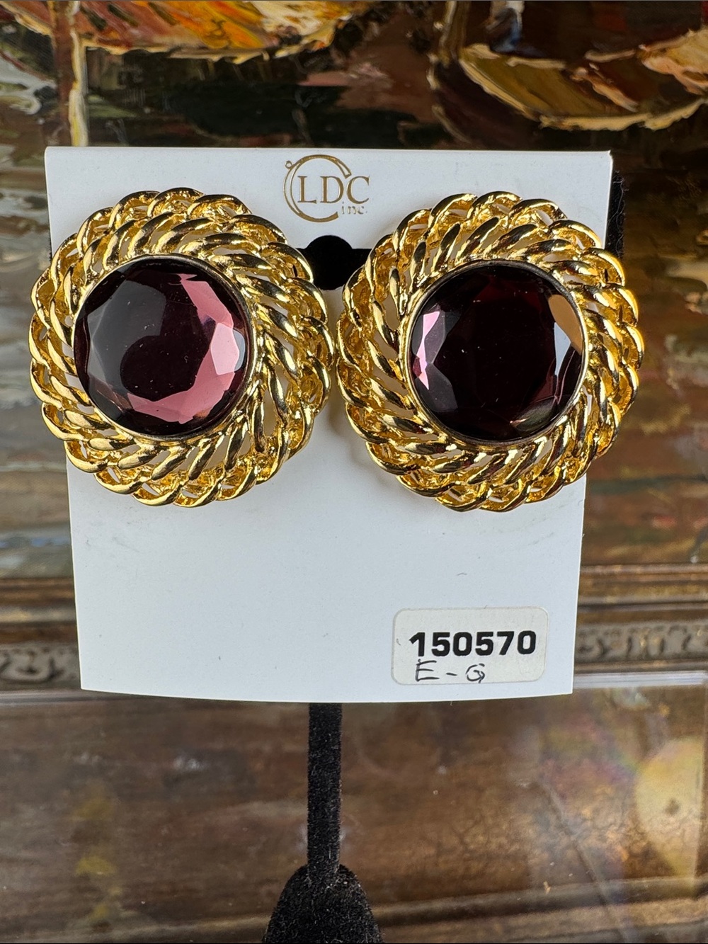0709-Gold-Tone Braided Circle‎ Earrings with  Gem